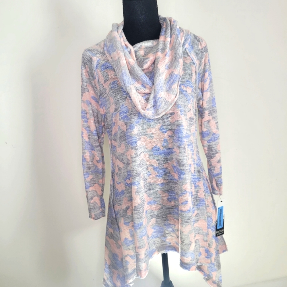 Kensie Shirt Womens Medium M Cowl Neck Tunic Camo Print Lightweight Pullover